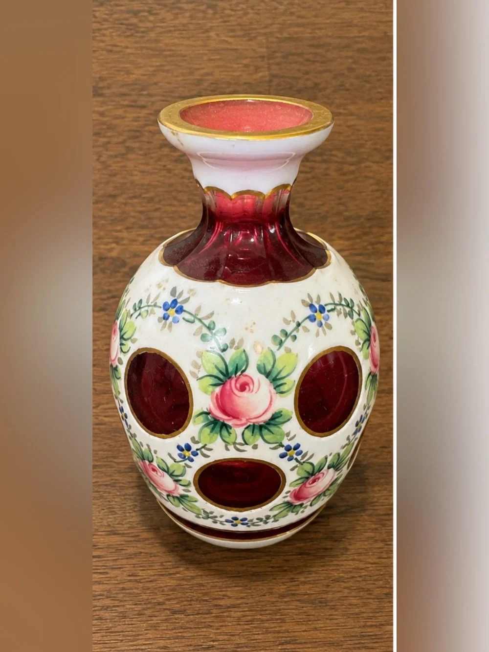 Antique Bohemian Cranberry Cut-to clear Art Glass Bud Vase 1880-1910